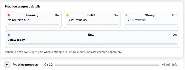 Expanded JPDrills Practice progress details showing Learning On with no reviews due, Solid On with 0 of 21 reviews, Strong Off with 0 of 11 reviews, New On with 0 new today, and Practice progress 0 of 32.